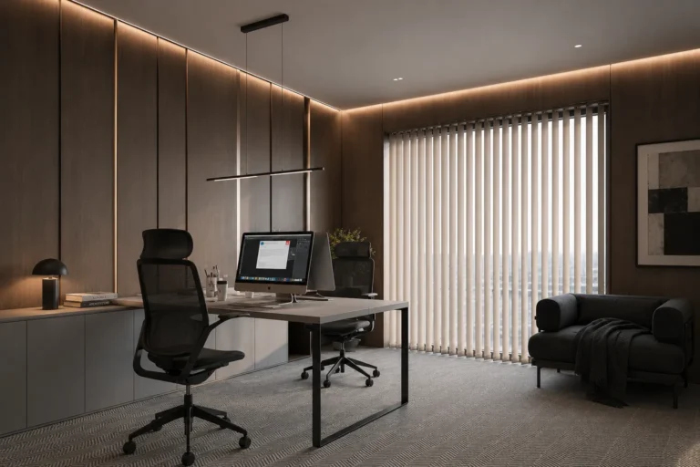 Vertical blinds with fabric slats on a wide window