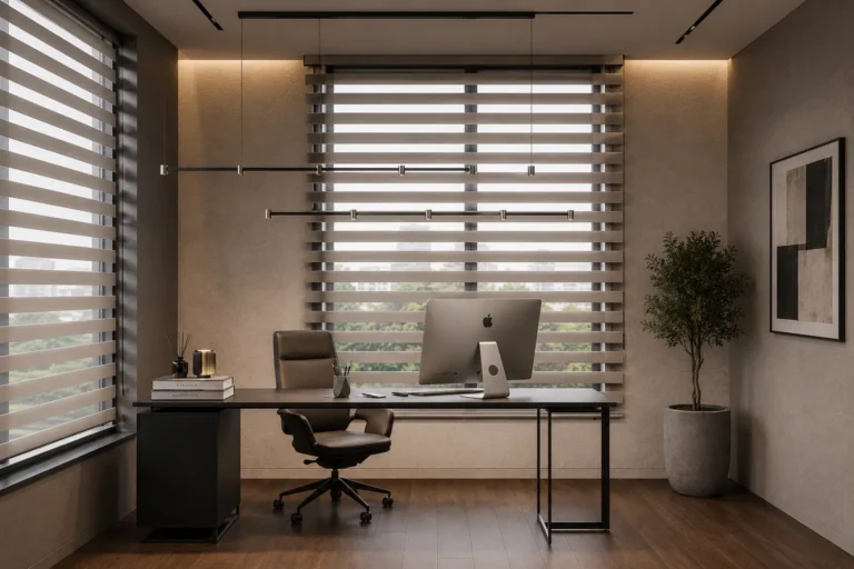 Zebra blinds with alternating sheer and solid fabric bands