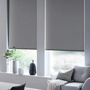 Grey blackout roller blinds fully closed, blocking daylight, Dubai