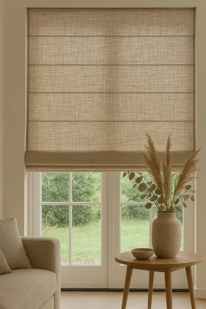 Linen roman blind on a tall window, Dubai