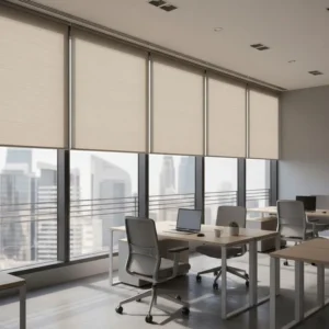 Roller blinds across an open-plan office with a city view, Dubai