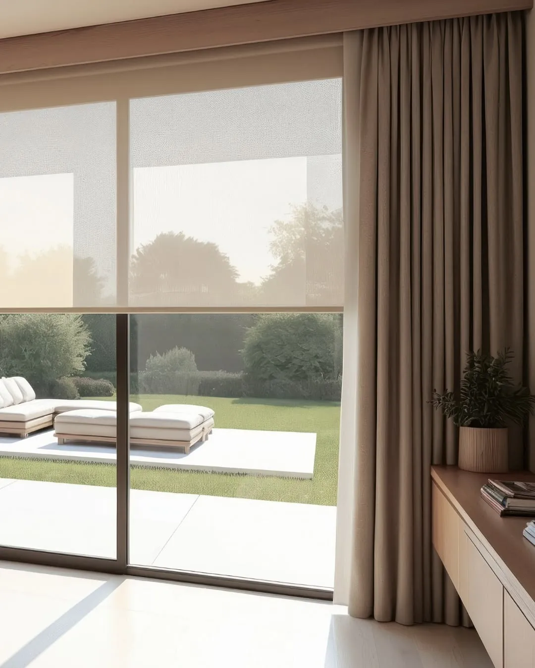 Sheer roller blind with a linen side curtain, Dubai